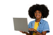 © Edson Souza - woman holding laptop computer typing on keyboard looking at camera, black woman