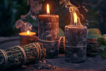 Halloween, Samhain. Burning candles and dried witches' herbs. Dark, magical, mystical atmosphere. Black wax candles. Ritual. 