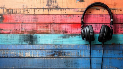 Headphones on colorful wooden backdrop with space for text