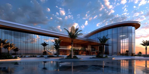 Wall Mural - futuristic office building with glass walls and palm trees