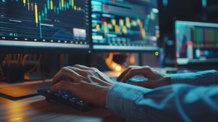 Poster - A close-up of a financial analyst's hands typing on a keyboard, with financial graphs on the computer screen