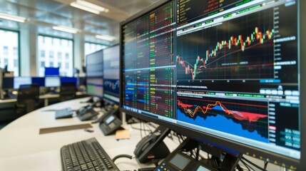 Aufkleber - A digital screen in a financial trading room showing live updates of stock prices and market indices