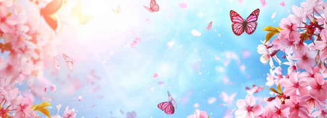 Sticker - beautiful spring cherry blossoms background, butterflies flying around, scenic view