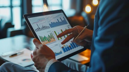 Aufkleber - A financial advisor explaining a growth chart to a client, using a tablet with interactive financial graphs