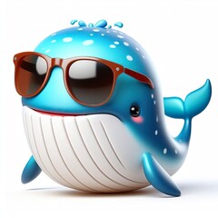 Wall Mural -  3D cartoon of a Happy Whale fish wearing sunglasses, full body isolated white background