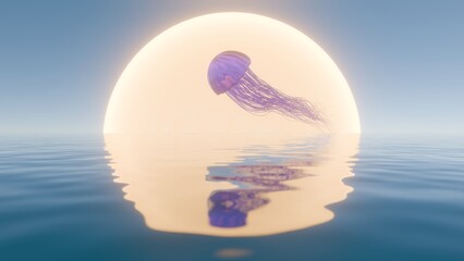 Poster - 3D Digital Art of a Jellyfish Rising against a Sunlit Horizon over Calm Waters