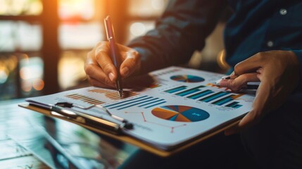 Aufkleber - A person holding a clipboard with financial charts and graphs printed on paper, analyzing data