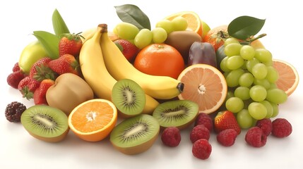 Wall Mural - importance of potassium in a balanced diet a colorful assortment of fruits and vegetables, including green grapes, red strawberries, yellow bananas, green kiwis, and oranges, arranged