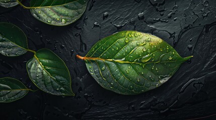 Wall Mural - Beautiful large drop morning dew in nature, selective focus. Drops of clean transparent water on leaves. Sun glare in drop. Image in green tones. Spring summer natural background.