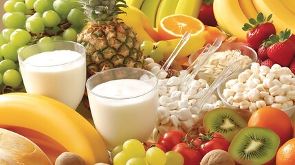 Wall Mural - importance of potassium in the diet a colorful assortment of fruits and vegetables, including ripe yellow bananas, green kiwis, red tomatoes, and oranges, are arranged in a clear