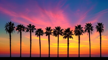 A row of palm trees silhouetted against a tropical sunset, with vibrant colors filling the sky
