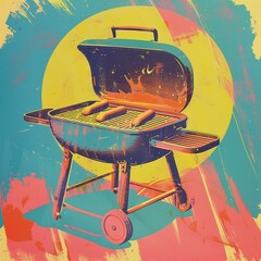 Wall Mural - AI generated illustration of a colorful painting of a barbecue grill with hot dogs in vibrant colors