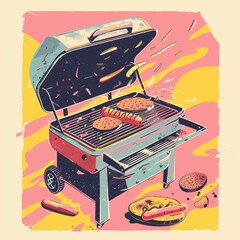 Wall Mural - AI generated illustration of a colorful painting of a barbecue grill with hot dogs in vibrant colors