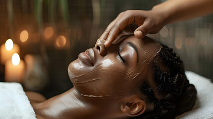 Wall Mural - Attractive african girl enjoying face massage in spa salon.