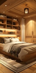 Wall Mural - Modern Bedroom Interior Design with Wooden Furniture and White Curtains