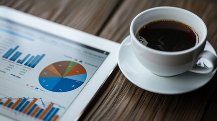 Poster - A tablet with financial graphs and charts lying on a desk next to a cup of coffee, illustrating morning market analysis