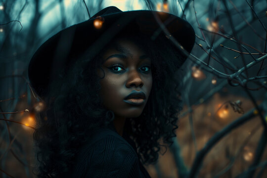 Young black girl wearing black clothes and a hat. Autumn october forest, garland lights. Witch, woman in costume for Halloween or Samhain.