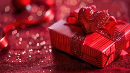 Poster - Gift box with heart on red backdrop