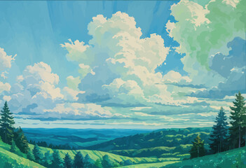 Wall Mural - Vast Landscape with Majestic Clouds and Lush Green Mountains