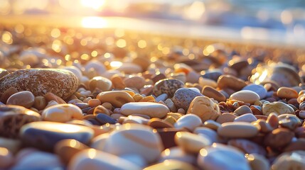 Close up colorful pebbles on the seaside with morning sunlight