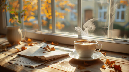 Autumn season, steaming cup of coffee with newspaper and dry leaves on wooden table, softly blurred background