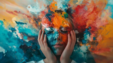Wall Mural - ai-generated illustration of a girl with her face painted in vibrant colors