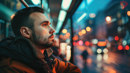 Wall Mural - A man lost in thought, looking at the city passing by from a bus window, blurred background, with copy space	