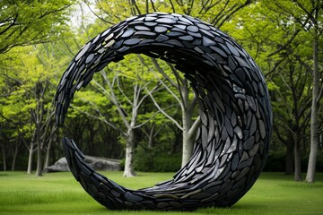 Poster - AI-generated illustration of a modern abstract sculpture in a lush green park with trees