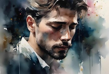 Wall Mural - AI generated illustration of a watercolor portrait of a young man with a serene expression