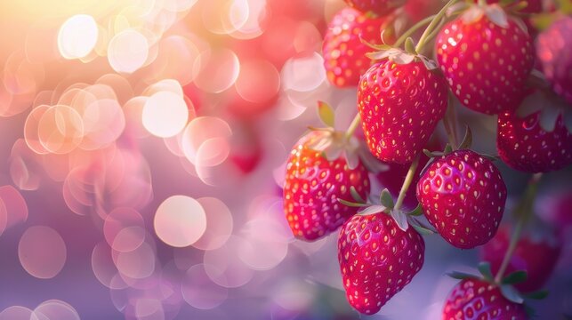 Close-up of ripe strawberries on the vine with a vibrant bokeh background.