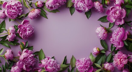 Wall Mural - Pink and Purple Peonies and Petals Arranged on a Lilac Background