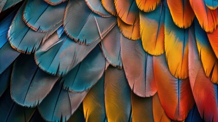 Wall Mural - Colorful of Scarlet macaw bird's feathers with red yellow orange and blue shades, exotic nature background and texture