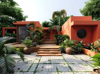 Sticker - Tropical Modern Home with Orange Walls and Lush Greenery