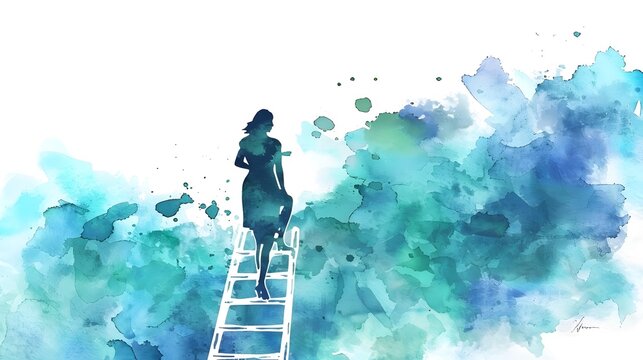 Woman silhouette climbing ladder in surreal nature landscape with abstract watercolor elements