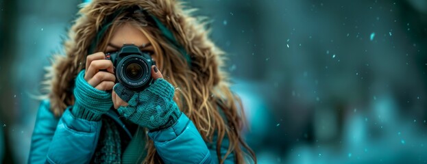 Woman wearing a fur-lined hooded coat taking a photo with a DSLR camera in a snowy environment. Winter season. Banner with copy space