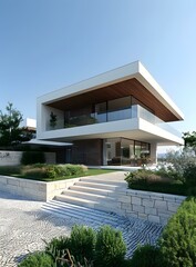 Wall Mural - Modern Villa with Stone Steps and Lush Greenery