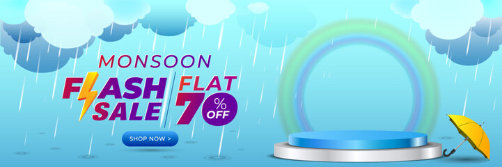 Sticker - Rain season background with podium and monsoon flash Sale flat offer deal concept.