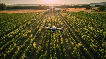 Drone flying over a vast vineyard at sunset with rows of grapevines