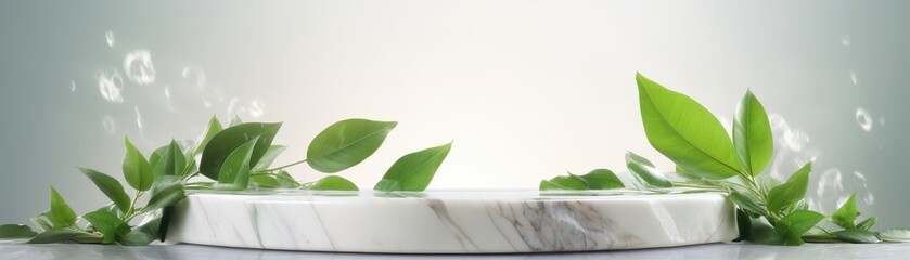 Wall Mural - Empty Marble Podium with Green Leaf in Water