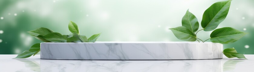 Empty Marble Podium with Green Leaf in Water
