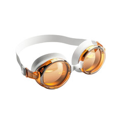 A pair of white and orange swimming goggles isolated on a black background.