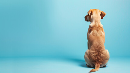 Back view of dog sitting isolated on blue background copy space for text