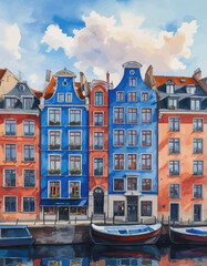 Vibrant Waterfront Scene: Colorful Buildings with Blue Roofs and Red Accents, Flanking a Calm Canal with Two Boats Docked