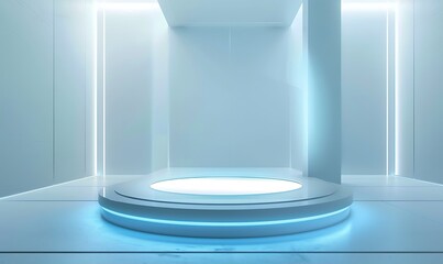 Wall Mural - A 3D podium with a holographic effect, floating in a futuristic, minimalistic white studio, with soft blue light highlighting the platform and giving it a high-tech appearance