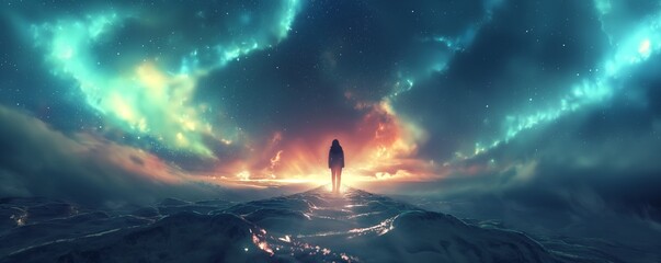 man walking under galaxy glow light sky, dreamy ethereal fantasy vibes background