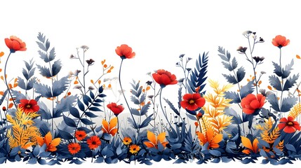 Wall Mural - Vibrant Blooming Floral Field with Colorful Wildflowers and Lush Foliage in Springtime Nature