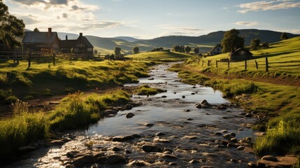 Wall Mural - Golden hour sunlight on peaceful countryside