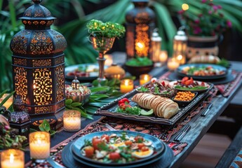 Wall Mural - Picture of a beautifully decorated table set for a Ramadan iftar, with lanterns, candles, and an assortment of traditional dishes