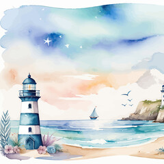 Wall Mural - Serene Coastal Scene with Lighthouse, Sailboat, and Flowering Plants