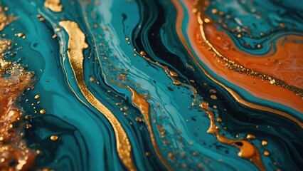 Wall Mural - abstract art with flowing teal, orange, and gold colors creating a vibrant and dynamic composition